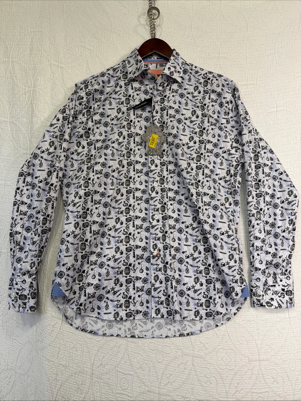 Visconti Black Shirt Mens Small Button Down Flip Cuff Pirate Skull AOP New Tags